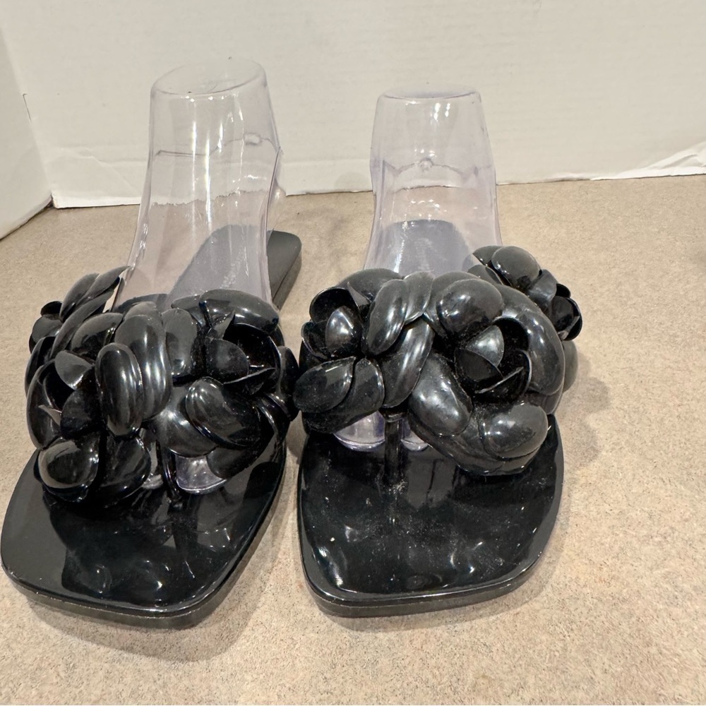 Jeffery Campbell Fleuris Black Jelly Flip Flop Thong Sandals Size 9 Slip On - Picture 1 of 9